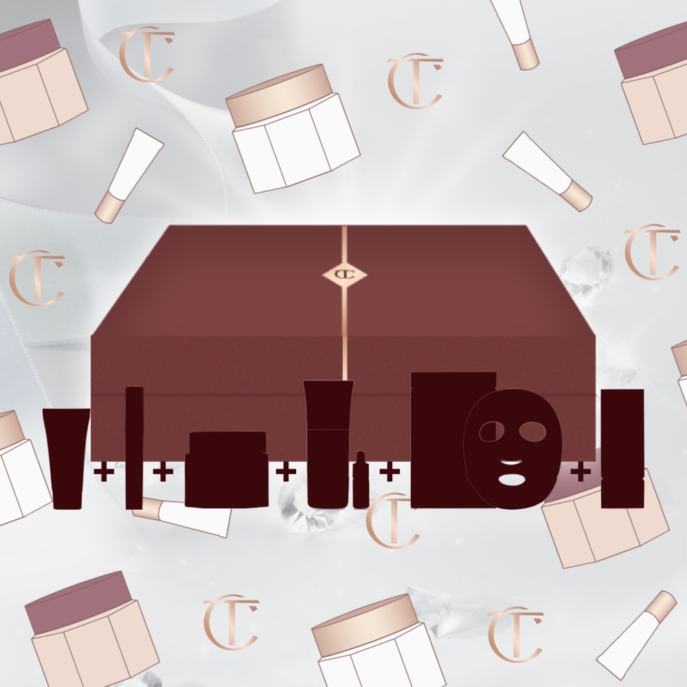 Banner with a brown-red-coloured gift box with illustrations of six skincare and makeup mystery items that are included in it.