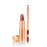 An open nude terracotta lipstick in golden-coloured packaging with a lip liner pencil in a nude red-terracotta shade.