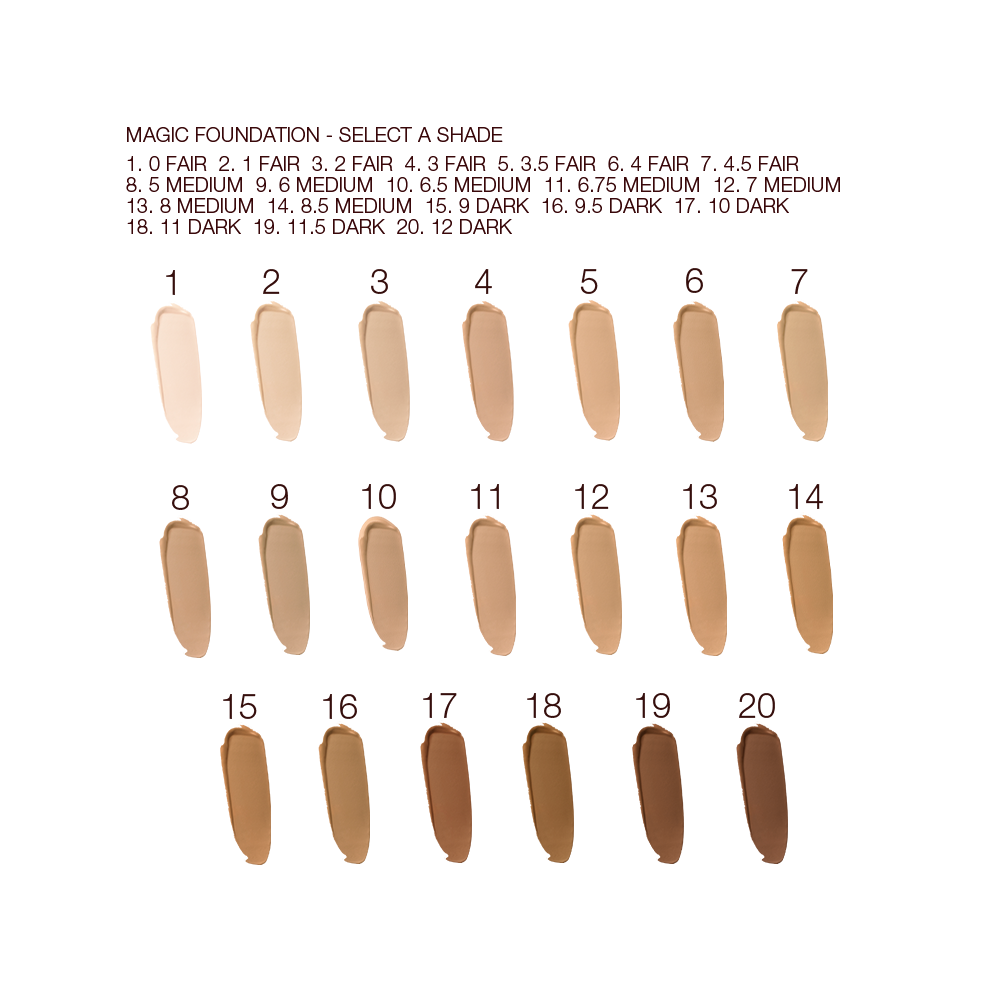 Swatches of twenty liquid foundations in shades of cream, ivory, beige, sand, yellow, light brown, medium brown, and dark brown for fair, light, medium-light, medium, medium-dark, and deep skin tones. 