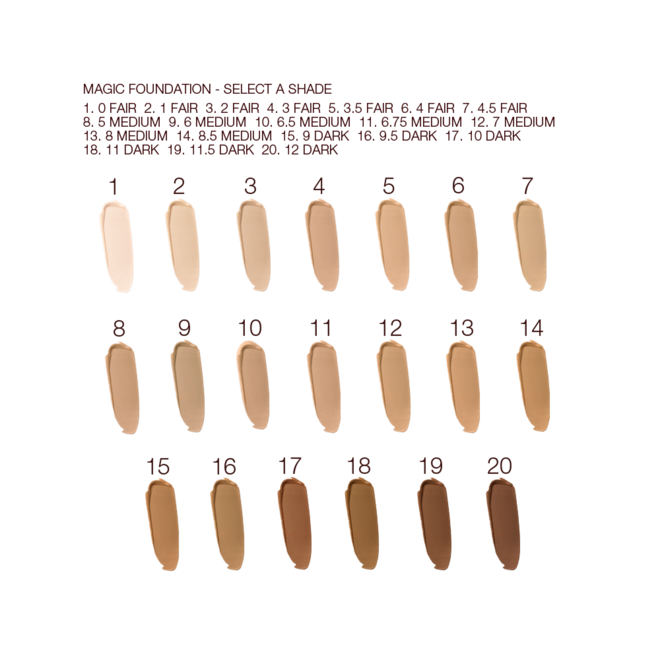 Magic Foundation collection swatches Swatches of twenty liquid foundations in shades of cream, ivory, beige, sand, yellow, light brown, medium brown, and dark brown for fair, light, medium-light, medium, medium-dark, and deep skin tones.