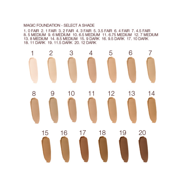 Swatches of twenty liquid foundations in shades of cream, ivory, beige, sand, yellow, light brown, medium brown, and dark brown for fair, light, medium-light, medium, medium-dark, and deep skin tones. 