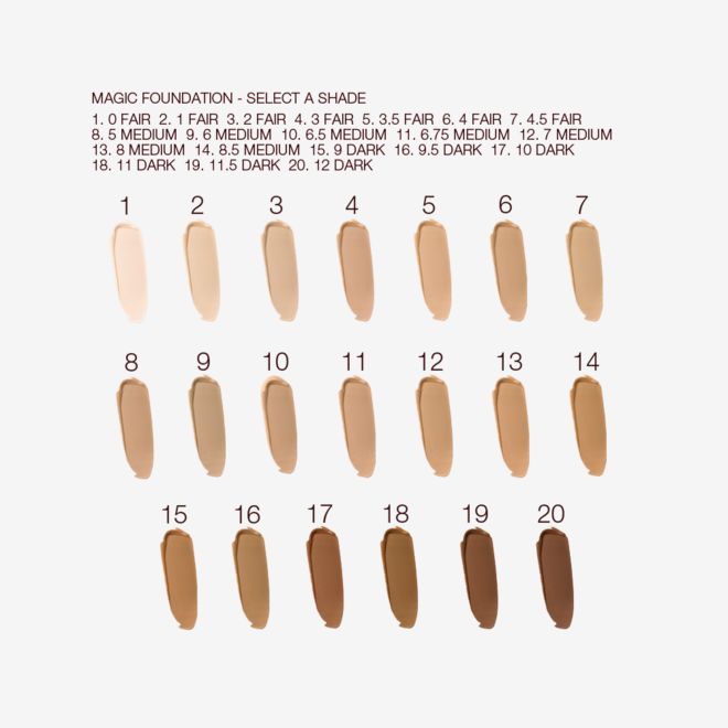 Magic Foundation collection swatches Swatches of twenty liquid foundations in shades of cream, ivory, beige, sand, yellow, light brown, medium brown, and dark brown for fair, light, medium-light, medium, medium-dark, and deep skin tones.