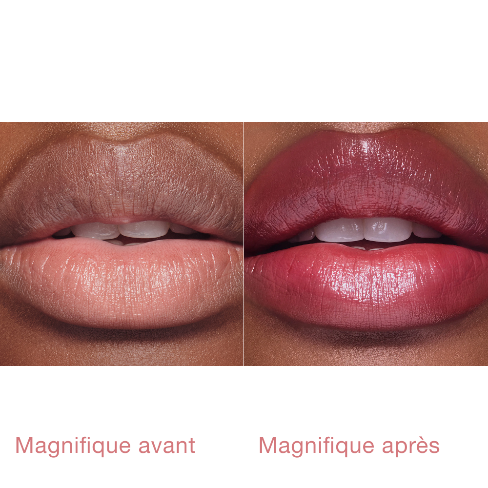 Packshot Pillow Talk Blush Lip Tint – Mannequin avec Cherry Talk, avant/après
