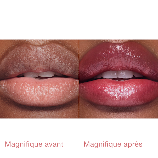 Packshot Pillow Talk Blush Lip Tint – Mannequin avec Cherry Talk, avant/après Packshot Pillow Talk Blush Lip Tint – Mannequin avec Cherry Talk, avant/après