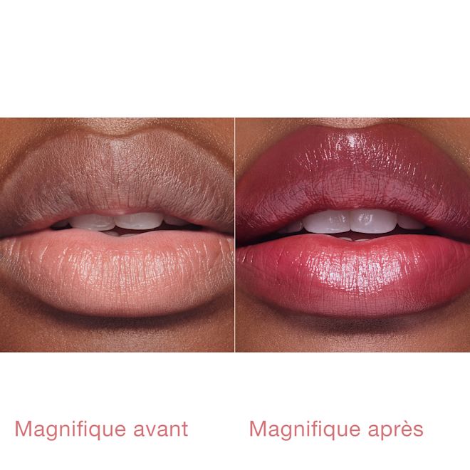 Packshot Pillow Talk Blush Lip Tint – Mannequin avec Cherry Talk, avant/après Packshot Pillow Talk Blush Lip Tint – Mannequin avec Cherry Talk, avant/après