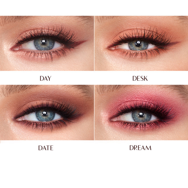 Close-up of four different eye looks in shades of pink and peach, applied on a fair-skin model with blue eyes. 