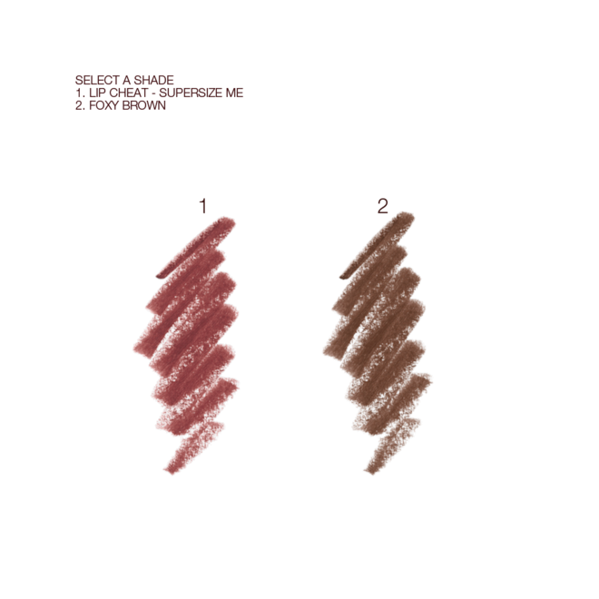 Lip Cheat swatches Swatches of two lip liner pencils in maroon and taupe-brown.