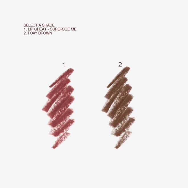 Lip Cheat swatches Swatches of two lip liner pencils in maroon and taupe-brown.