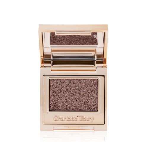 An open, single-pan eyeshadow with a mirrored lid in an iridescent smokey grey shade with very fine shimmer. 