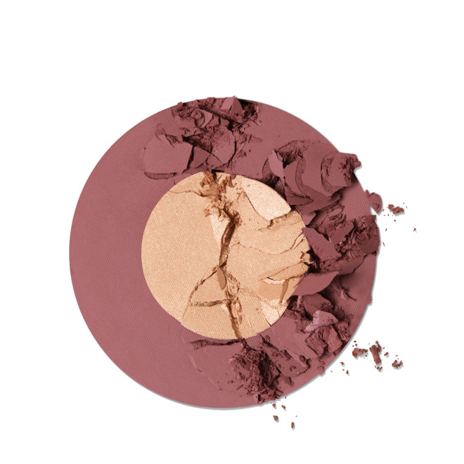 Swatch of a two-tone powder blush in berry-pink and honey gold shades