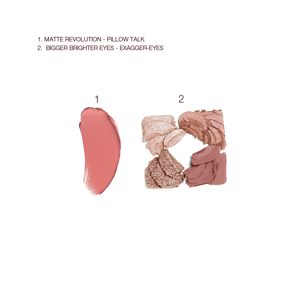 Swatches of a matte lipstick in a nude pink shade and a quad eyeshadow palette with shimmery and matte shades in beige, gold, and brown.