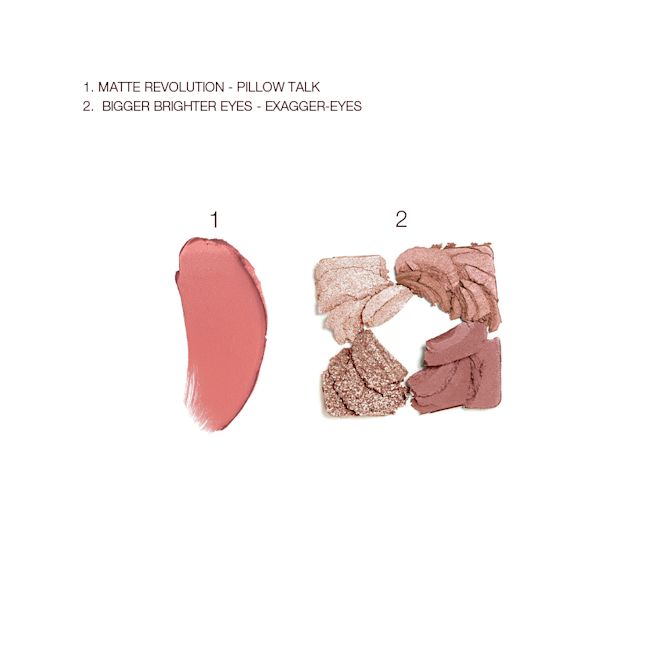 Charlotte's Flawless Love Box swatches Swatches of a matte lipstick in a nude pink shade and a quad eyeshadow palette with shimmery and matte shades in beige, gold, and brown.