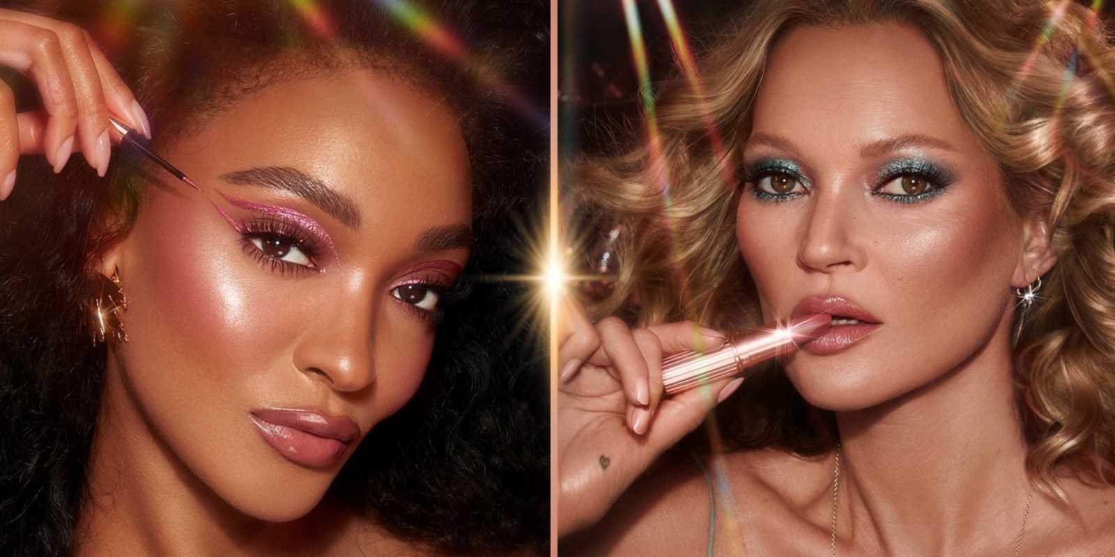 Jourdan Dunn wearing Pillow Talk Crystal Eyeliner and Kate Moss wearing Charlotte's holiday collection