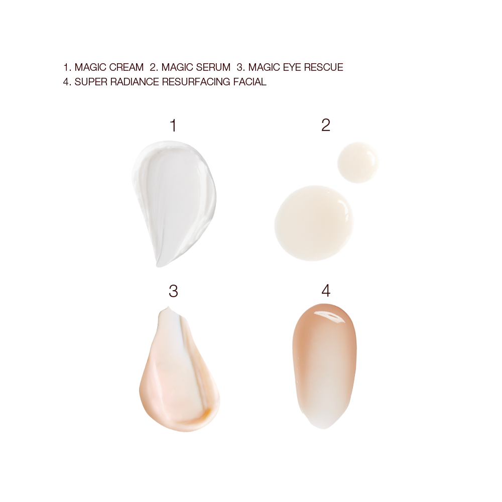 Swatches of a pearly-white face cream, luminous face serum drops, champagne-coloured eye cream, and dark copper-coloured liquid wash-off exfoliating mask.