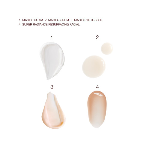 Swatches of a pearly-white face cream, luminous face serum drops, champagne-coloured eye cream, and dark copper-coloured liquid wash-off exfoliating mask.