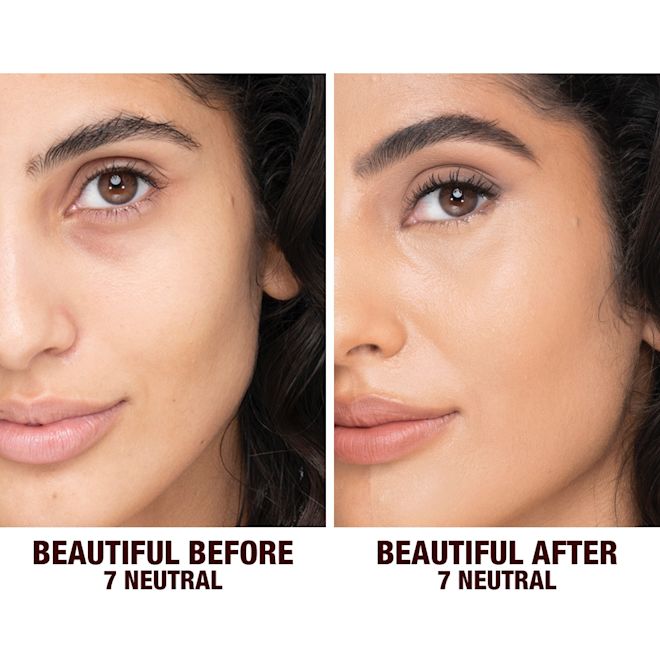 Beautiful Skin Foundation in 7 Neutral on medium-tone model before and after Before and after shots of a medium-tone model without any makeup and then wearing glowy, flawless skin, wearing skin-like foundation that adds a youthful glow and looks natural along with nude pink lipstick and subtle everyday eye makeup.