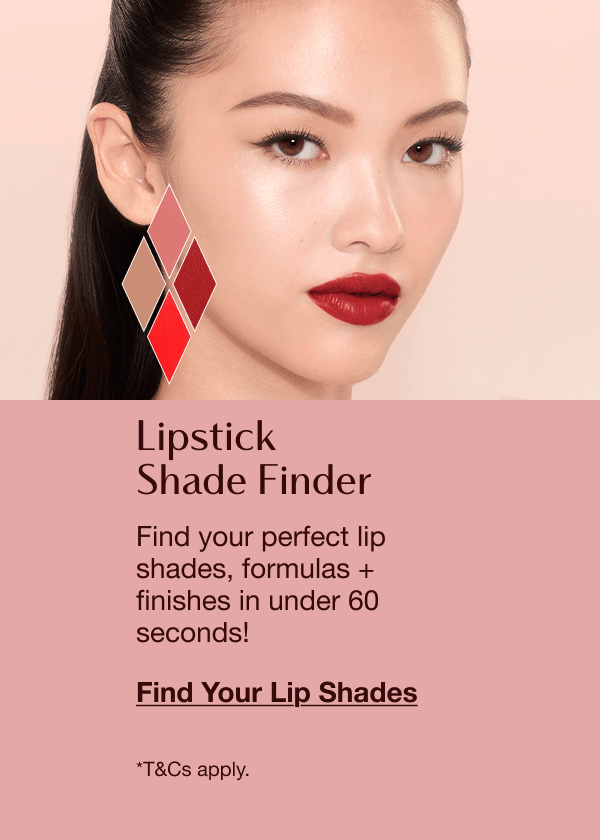 Lipstick Shade Finder featuring a close-up of a person’s face with lipstick swatches and text inviting users to find their perfect lip shades, formulas, and finishes in under 60 seconds.