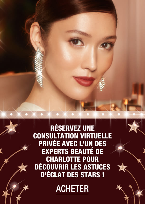 Banner with text that reads, 'Book a 1-2-1 virtual consultation with one of Charlotte's beauty experts to discover the beauty glow tricks of the stars! book now'