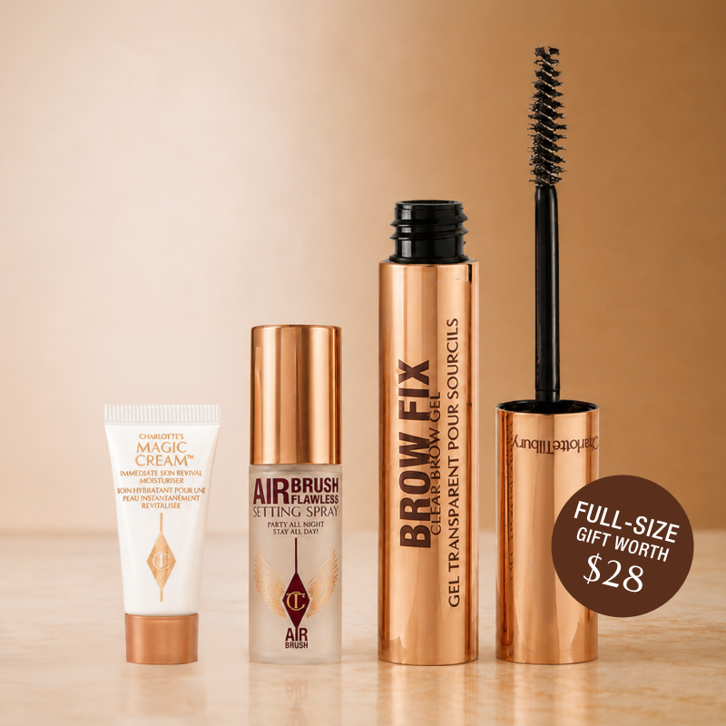 Free mini Charlotte’s Magic Cream, mini ARIbrush Flawless Setting Spray and a full-size Brow Fix 