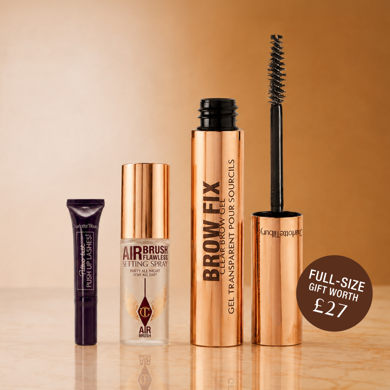 Free mini PT Deluxe Mascara, mini ARIbrush Flawless Setting Spray and a full-size Brow Fix 