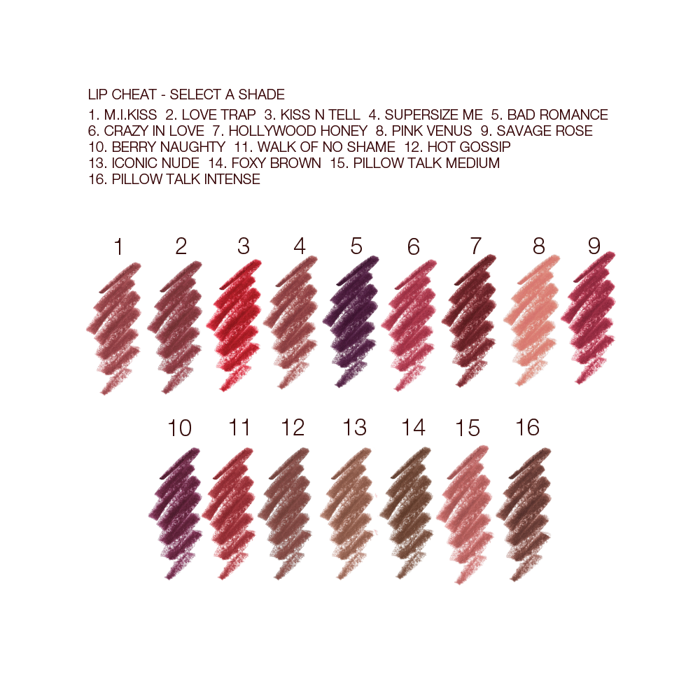 Swatches of sixteen lip liner pencils in shades of brown, purple, pink, peach, red, taupe, and brown.