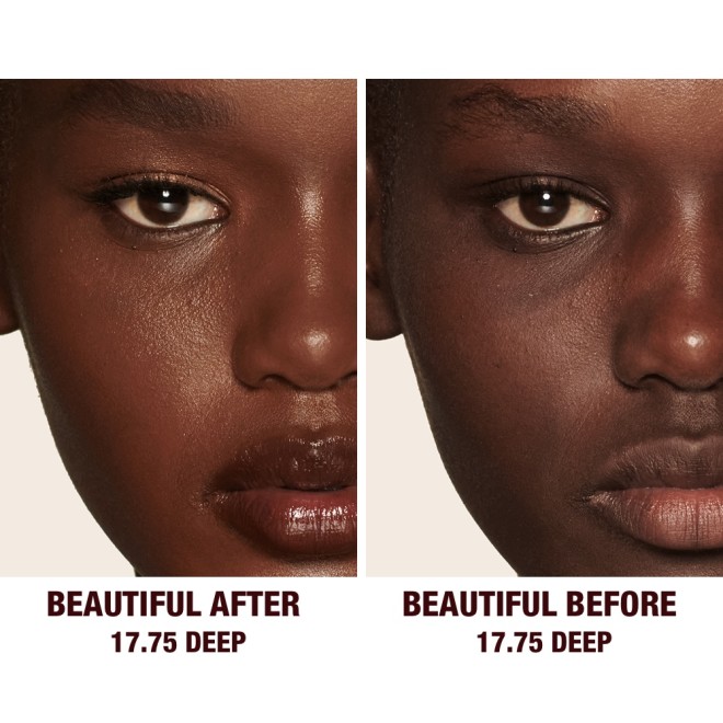 Before and after of a deep-tone model without any makeup in the before shot and then wearing a radiant, concealer that brightens, covers blemishes, and makes her skin look fresh along with nude lip gloss and subtle eye makeup.