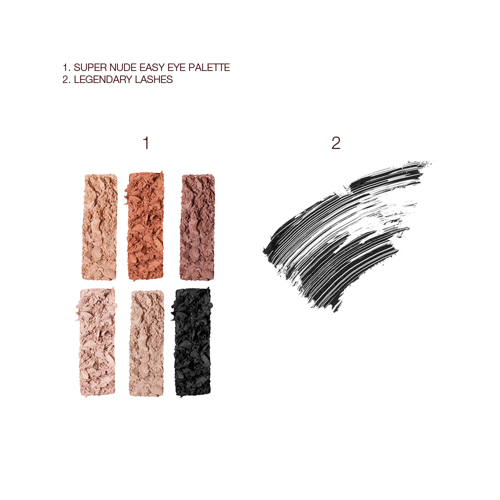 Swatches of a six-pan eyeshadow palette with nude brown, peach, and beige shades and swatch of a black mascara. 