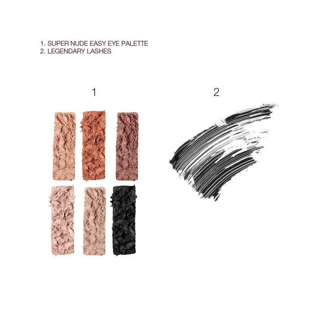 Swatches of a six-pan eyeshadow palette with nude brown, peach, and beige shades and swatch of a black mascara. 