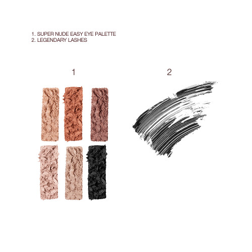 Swatches of a six-pan eyeshadow palette with nude brown, peach, and beige shades and swatch of a black mascara. 