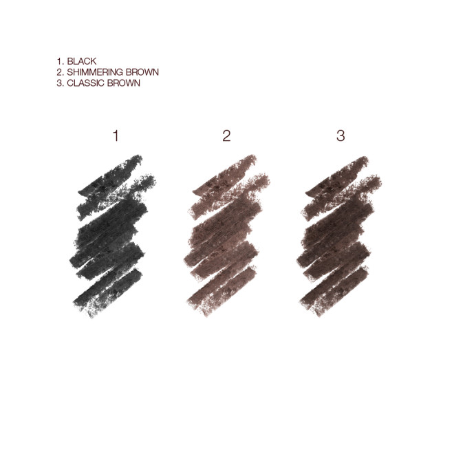 Swatches of three pencil eyeliners in black, coffee brown, and dark black-brown.