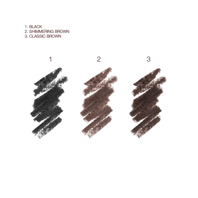 Swatches of three pencil eyeliners in black, coffee brown, and dark black-brown.