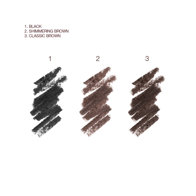 Classic Eyeliner swatches Swatches of three pencil eyeliners in black, coffee brown, and dark black-brown.