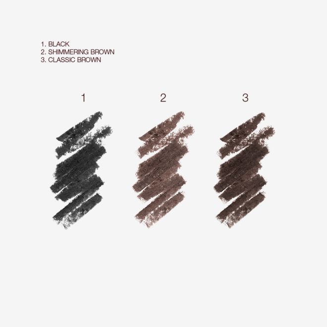 Classic Eyeliner swatches Swatches of three pencil eyeliners in black, coffee brown, and dark black-brown.