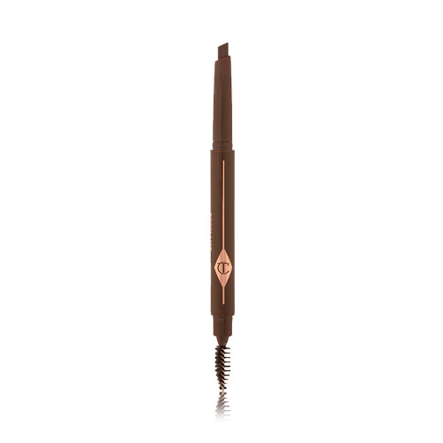 An open, double-ended eyebrow pencil and spoolie brush duo in a dark brown shade with dark-brown-coloured packaging 