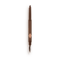 An open, double-ended eyebrow pencil and spoolie brush duo in a dark brown shade with dark-brown-coloured packaging 