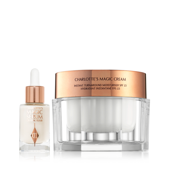 Luminous serum in a glass bottle with a dropper lid with a pearly-white face cream in glass jars with a gold-coloured lid. 