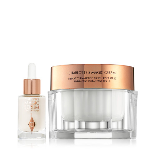 Luminous serum in a glass bottle with a dropper lid with a pearly-white face cream in glass jars with a gold-coloured lid. 