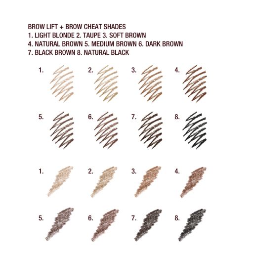 Labelled texture swatch of all brow lift + brow cheat shades B2