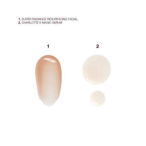 Swatches of coppery-brown-coloured facial oil and luminous, ivory-coloured serum.