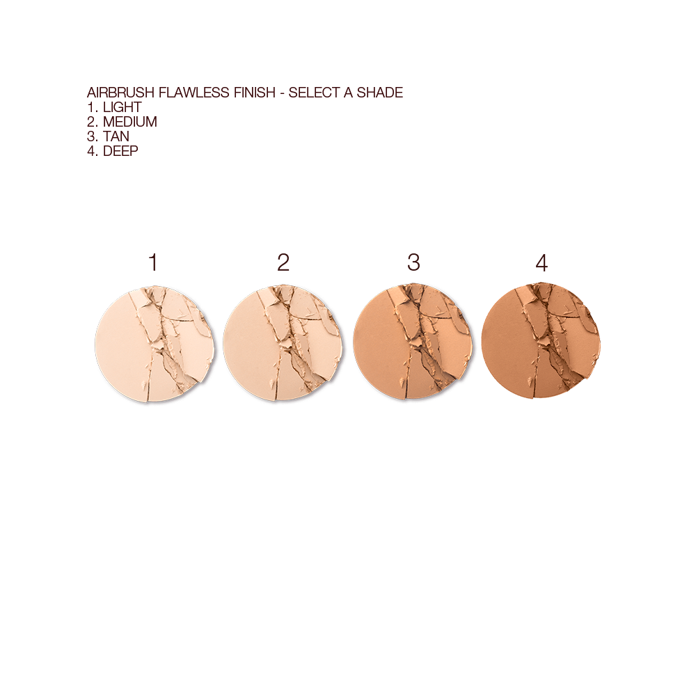 Swatches of four pressed powders in light, medium, tan, and deep-tone shades.