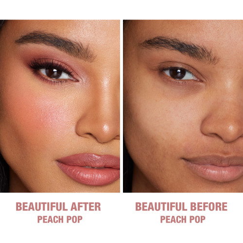 A fair-skin model shows the before and after makeup look using a peach pink liquid blush.