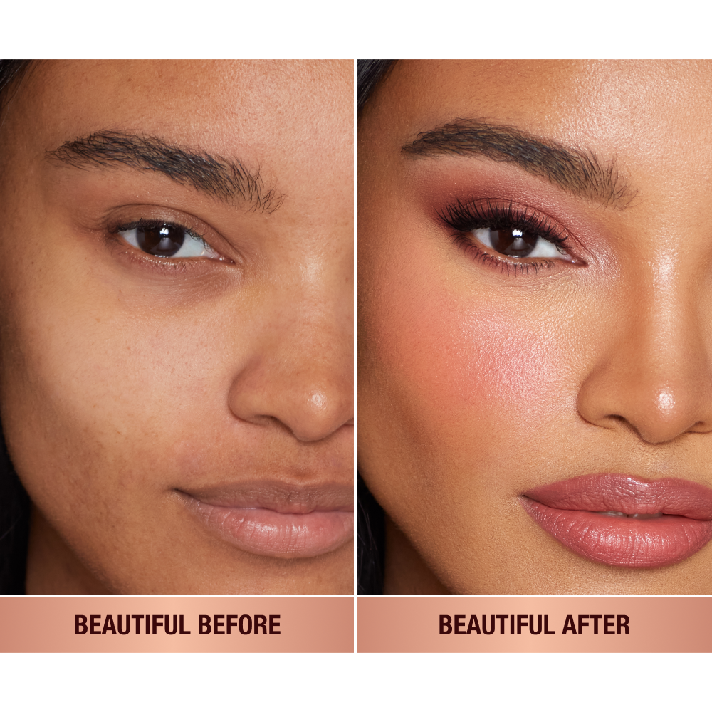 A fair-skin model shows the before and after makeup look using a peach pink liquid blush.