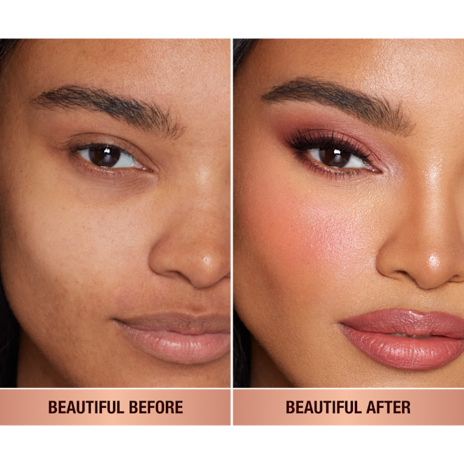 Beauty Blush Wand in Peach Pop before and after application. A fair-skin model shows the before and after makeup look using a peach pink liquid blush.