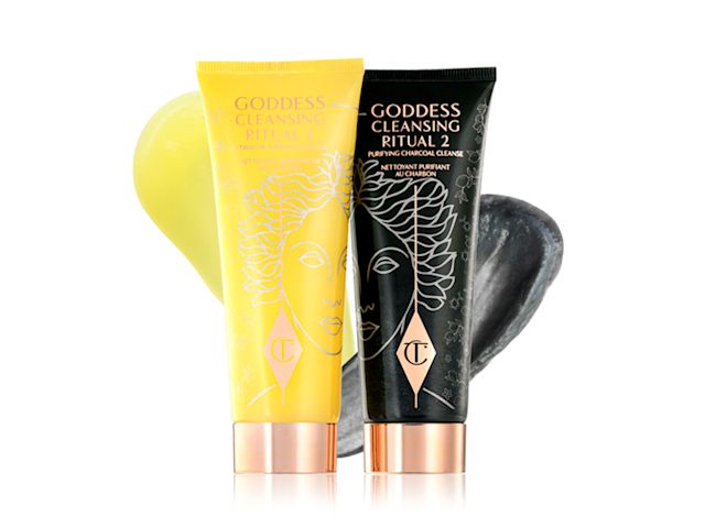 Two facial cleansers, one in lemon-yellow packaging and the other in charcoal-black, with rose-gold coloured lids. 