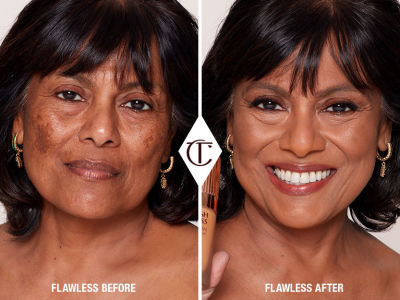 A before and after of a deep-skin model with mature skin without make-up and hyperpigmentation and with a flawless base with hyperpigmentation covered. 