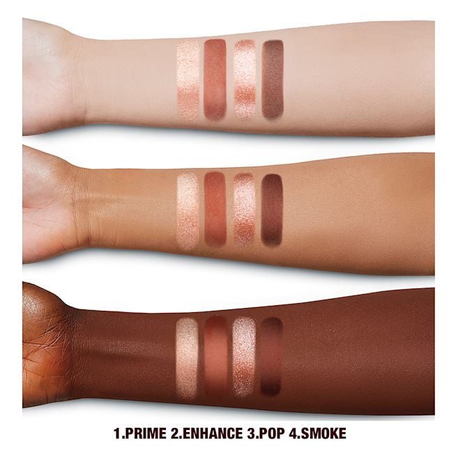 Luxury Eye Palette in Pillow Talk Dreams arm swatches Deep, light, and fair-tone arms with swatches of four eyeshadows in metallic and matte shades of pearlescent rose gold, dusky rose, berry brown and rose-bud pink.