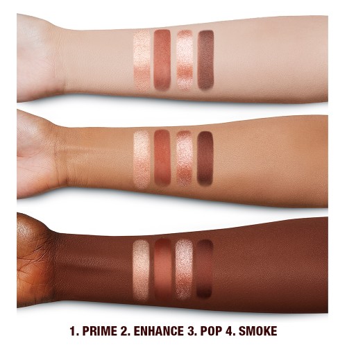 Deep, light, and fair-tone arms with four eyeshadows in metallic and matte shades of pearlescent rose gold, dusky rose, berry brown and rose-bud pink.