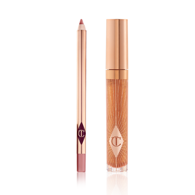 An open lip liner pencil in a nude pink shade and a closed, lip gloss in a sheer gold shade with a gold-coloured lid. 