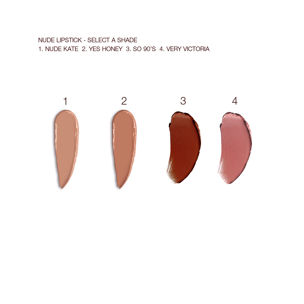 Swatches of four nude lipsticks in shades of beige, warm beige-brown, red, and pink.