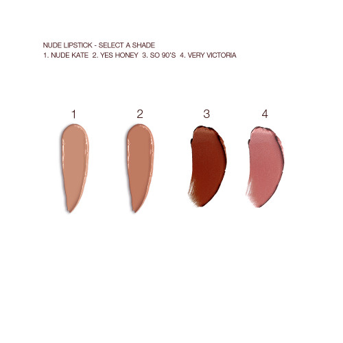 Swatches of four nude lipsticks in shades of beige, warm beige-brown, red, and pink.